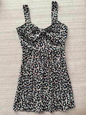 Bar III Beige and Black Animal Print Mini Dress with Mint Accents